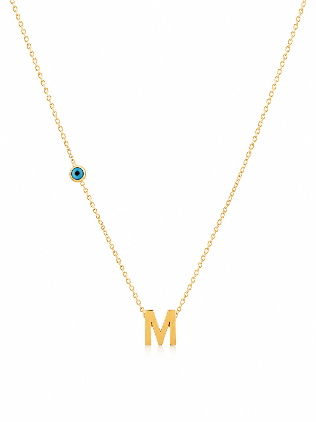Collier Initiale M & Œil Protecteur – Acier Inoxydable Doré