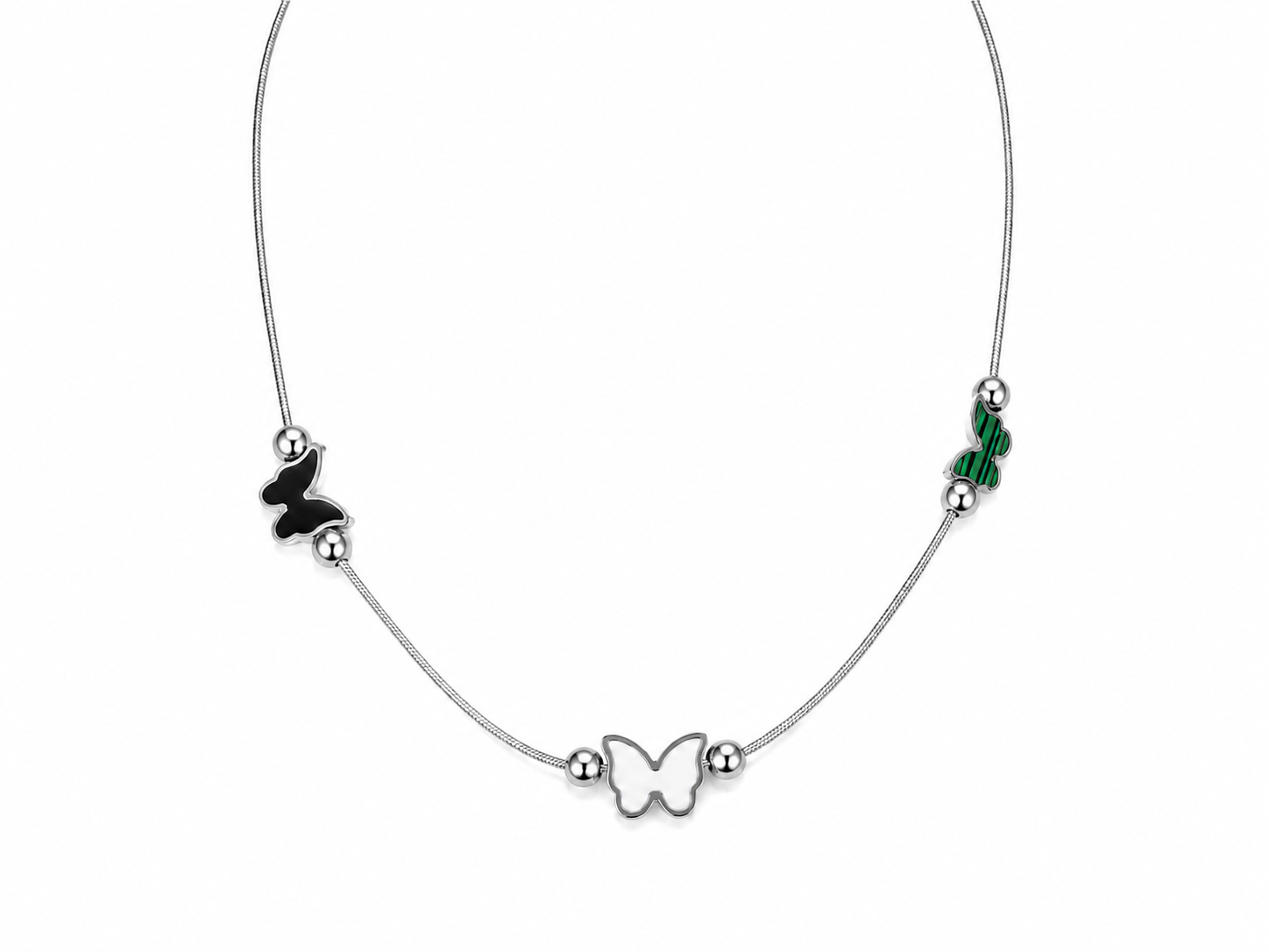 Collier Papillons Tricolores Argentés