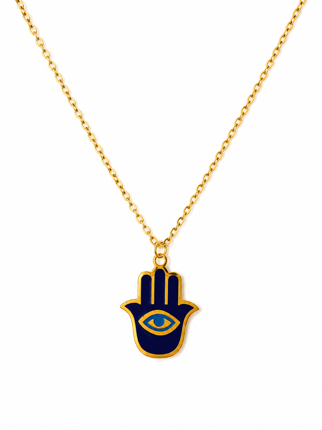 Collier Main de Fatma Bleu – Acier Inoxydable Doré