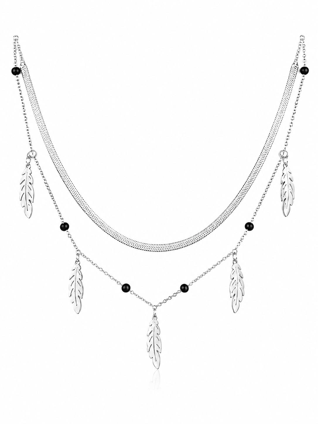 Collier Double Plumes Noir & Argent