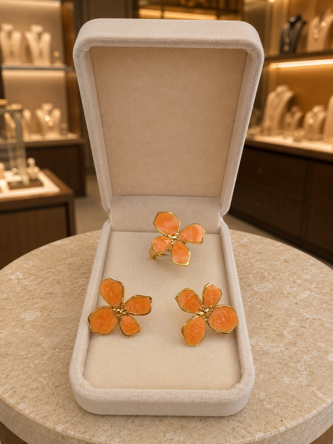 Ensemble Fleur Corail – Boucles d’Oreilles & Bague Ajustable